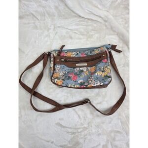 Rosetti Floral Crossbody Bag Blue Brown Faux Leather Trim Adjustable Strap